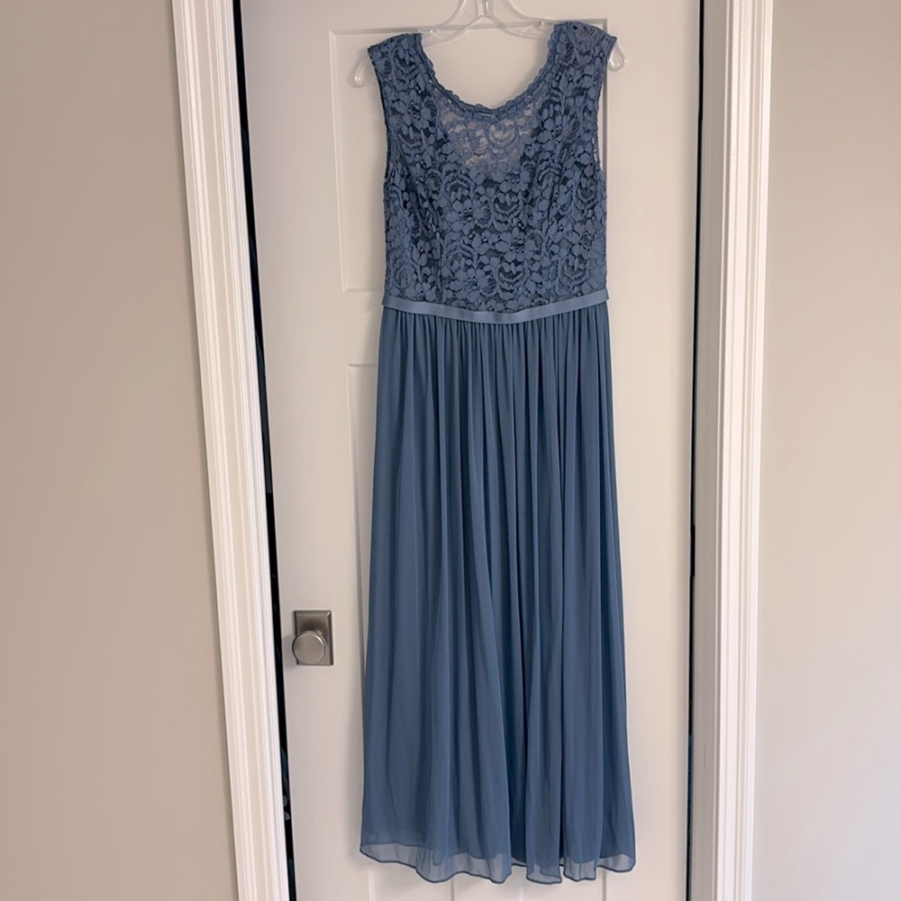 David’s bridal dusty blue bridesmaid dress